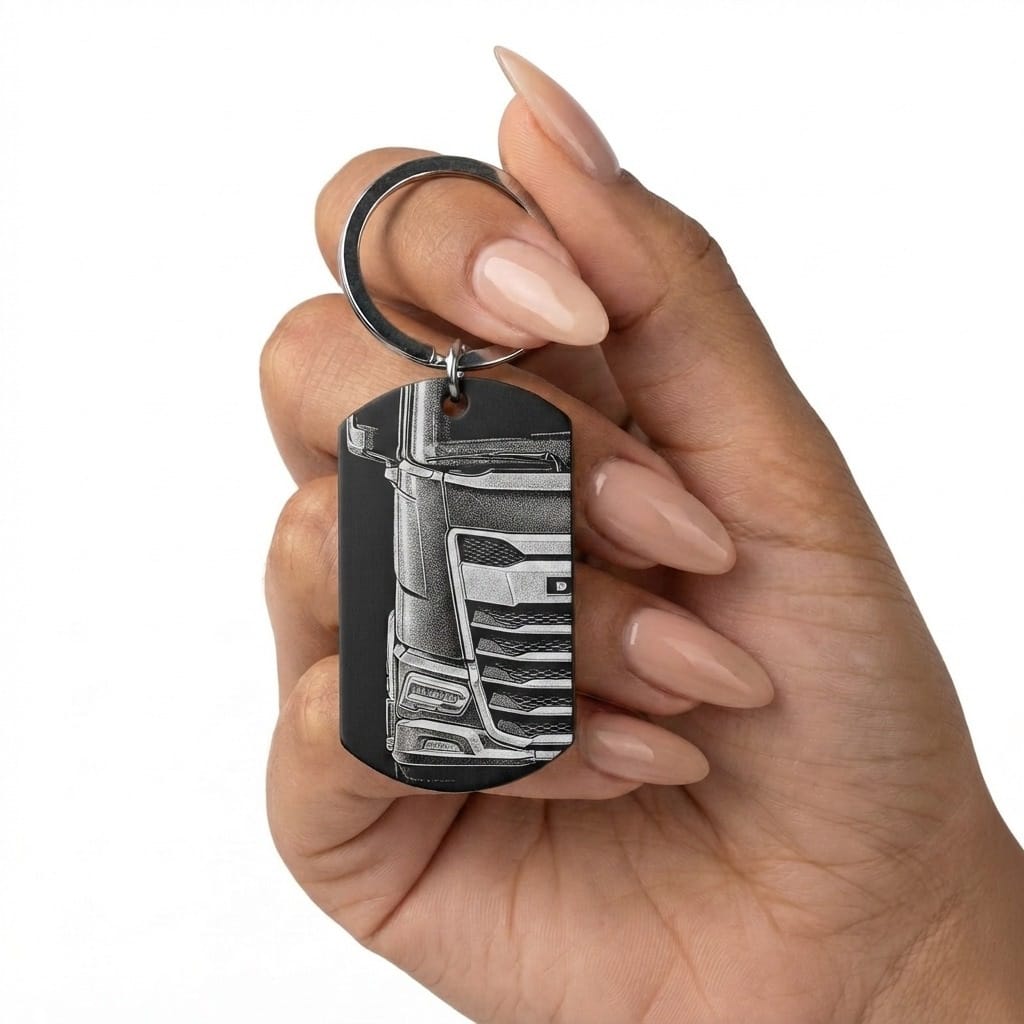 Custom engraved keychain with a tiger eye design, held in a hand